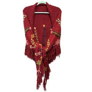 Peruvian Trading Company Knit Wrap Shawl Floral Embroidered Fringe Red Boho Art